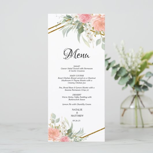 Pastel Pink and Gold Wedding Menus Menu (Staand voorkant)