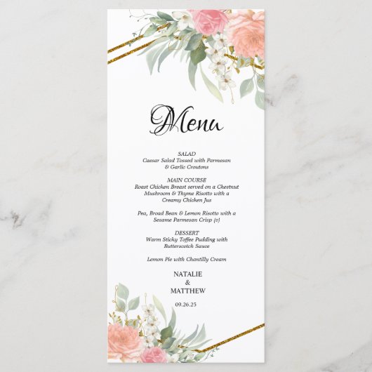 Pastel Pink and Gold Wedding Menus Menu (Voorkant)