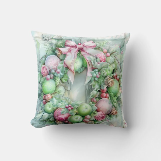 Pastel Pink and Green Christmas Throw Pillow Kussen (Voorkant)