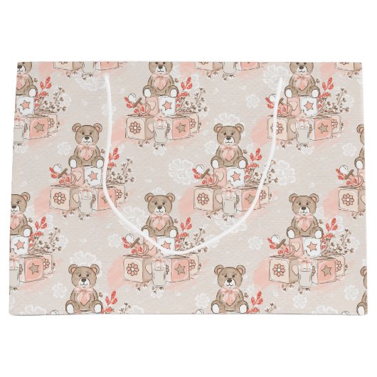 PASTEL PINK BABY BLOCKS TEDDY BEARS FLOWERS GROOT CADEAUZAKJE (Voorkant)