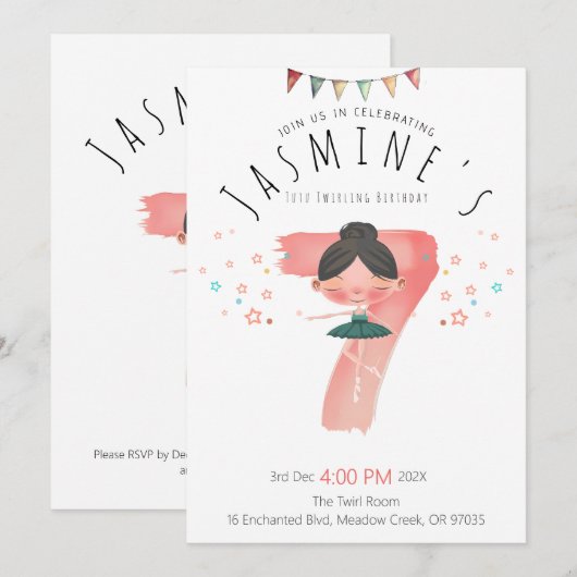 Pastel Pink Ballet Girl 7th Birthday Kaart (Voorkant / Achterkant)