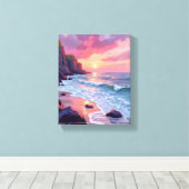 Pastel Pink Beach Sunset Ocean Waves Watercolor Canvas Afdruk (Insitu (Houten vloer))