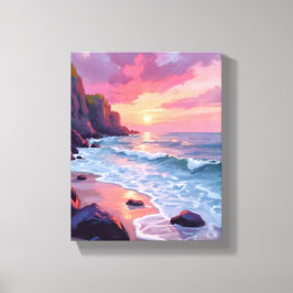 Pastel Pink Beach Sunset Ocean Waves Watercolor Canvas Afdruk