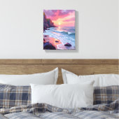 Pastel Pink Beach Sunset Ocean Waves Watercolor Canvas Afdruk (Insitu (Slaapkamer))