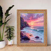 Pastel Pink Beach Sunset Ocean Waves Watercolor Poster