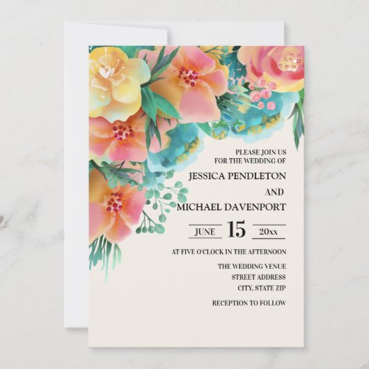 Pastel Pink Blauwgroen Gele Floral Weddenschap Kaart (Voorkant)