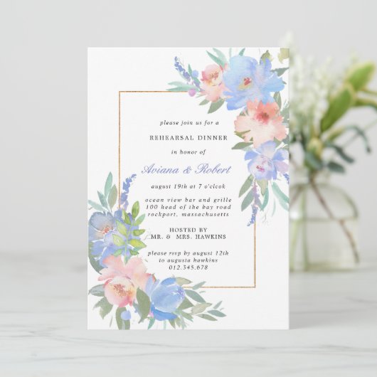 Pastel Pink Blue Floral Rehearsal Dinner Kaart (Staand voorkant)