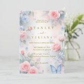 Pastel Pink Blue Rose Butterfly Fantasy Design Kaart (Staand voorkant)