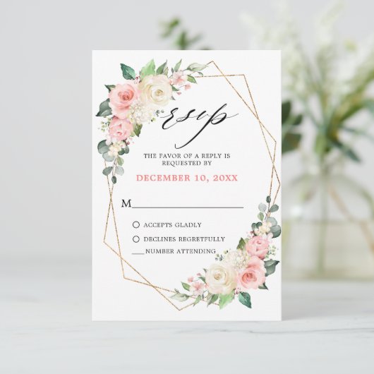 Pastel Pink Blush Roos Floral Geometric Weddenscha RSVP Kaartje (Staand voorkant)