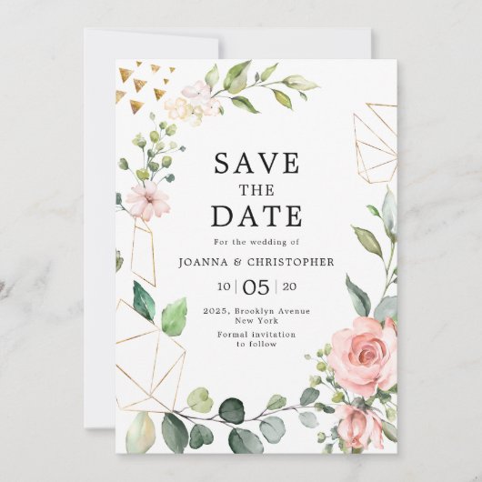 Pastel Pink Blush Roos Floral Geometric Weddenscha Save The Date (Voorkant)