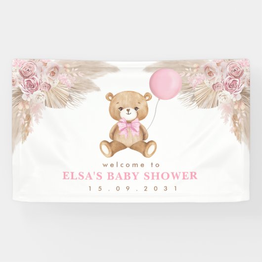 Pastel Pink Boho Pampas Teddy Bear Welkom Baby Spandoek (Horizontaal)