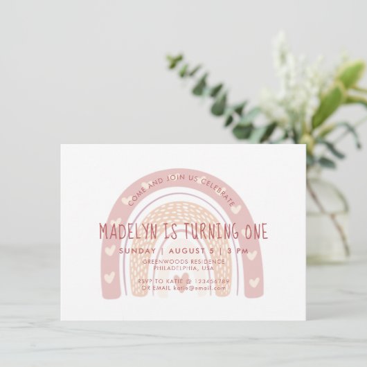 Pastel Pink Boho Rainbow First Birthday Kaart (Staand voorkant)