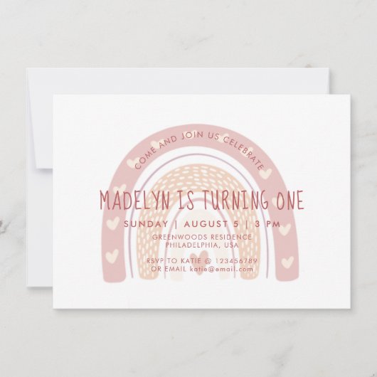 Pastel Pink Boho Rainbow First Birthday Kaart (Voorkant)