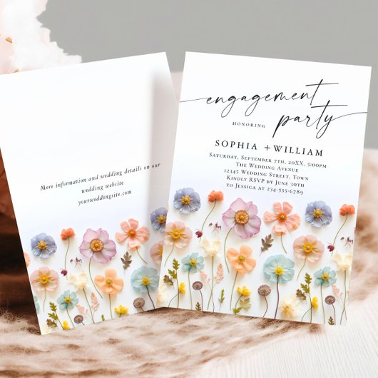 Pastel Pink Boho Wildflowers Engagement Party Kaart