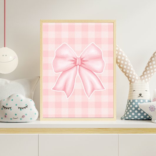 Pastel Pink Bow Print Gingham Nursery Poster