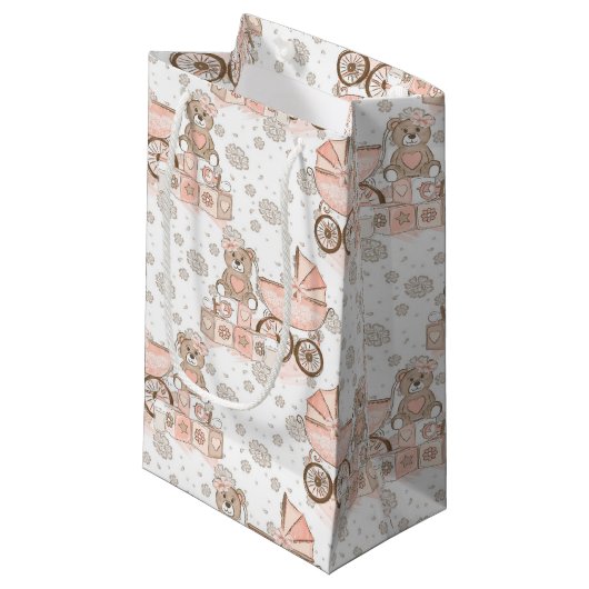 PASTEL PINK & BROWN BABY BLOKKEN BEREN PRAMEN KLEIN CADEAUZAKJE (Voorkant Gekanteld)