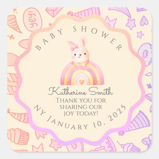pastel pink bunny cute party babyshower vierkante sticker (Voorkant)
