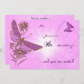 Pastel Pink Butterfly Birthday Invitation Kaart (Voorkant / Achterkant)
