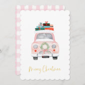 Pastel Pink Car Farmhouse Check Merry kerst Feestdagenkaart (Voorkant / Achterkant)