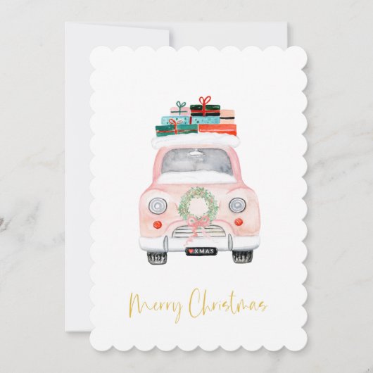 Pastel Pink Car Farmhouse Check Merry kerst Feestdagenkaart (Voorkant)