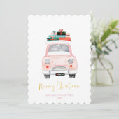 Pastel Pink Car Farmhouse Check Merry kerst Feestdagenkaart (Staand voorkant)