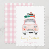 Pastel Pink Car Farmhouse Check Merry kerst Feestdagenkaart (Voorkant / Achterkant)