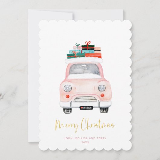 Pastel Pink Car Farmhouse Check Merry kerst Feestdagenkaart (Voorkant)