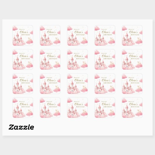 Pastel Pink Castle Princess Birthday Girl Vierkante Sticker (Vel)