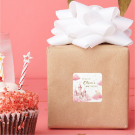 Pastel Pink Castle Princess Birthday Girl Vierkante Sticker