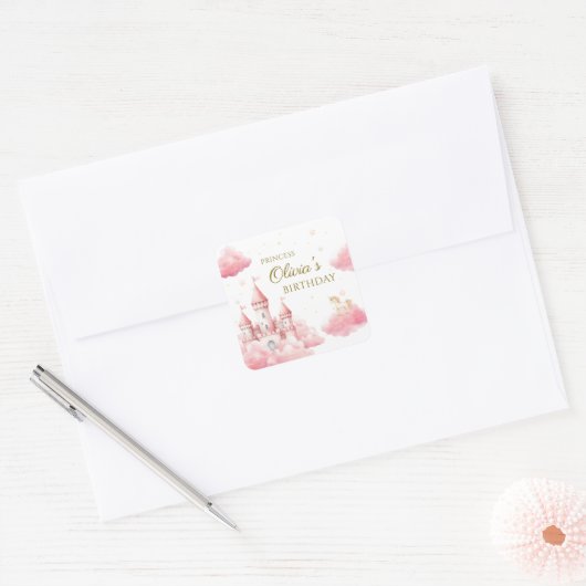 Pastel Pink Castle Princess Birthday Girl Vierkante Sticker (Envelop)