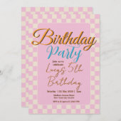 Pastel Pink Checkered Birthday Party Kaart (Voorkant / Achterkant)