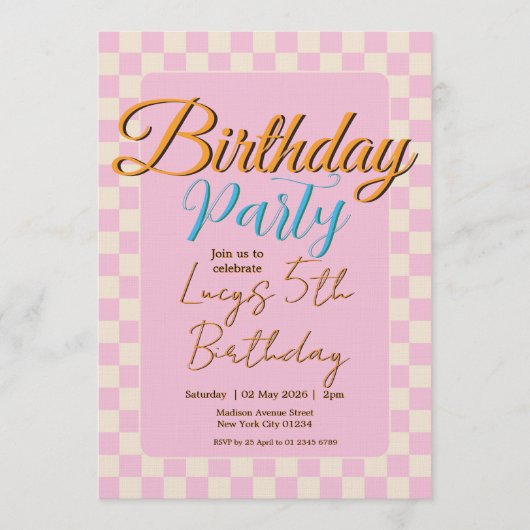 Pastel Pink Checkered Birthday Party Kaart (Voorkant)