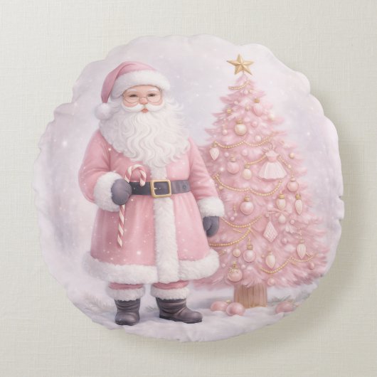 Pastel Pink Christmas Santa Rond Kussen (Voorkant)