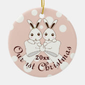 Pastel Pink Cute Bunny Twin Girl Kerstmis Keramisch Ornament (Voorkant)