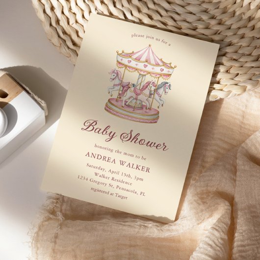 Pastel Pink Cute Carousel Girl Baby Shower Kaart