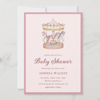 Pastel Pink Cute Carousel Girl Baby Shower Kaart