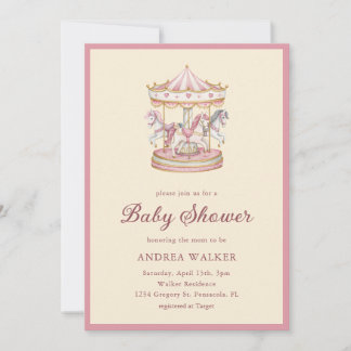 Pastel Pink Cute Carousel Girl Baby Shower Kaart