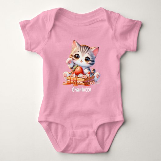 Pastel Pink Cute Kitten Cat with Dessert Waffles Romper (Voorkant)