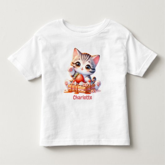 Pastel Pink Cute Kitten with Dessert Waffles Kinder Shirts (Voorkant)