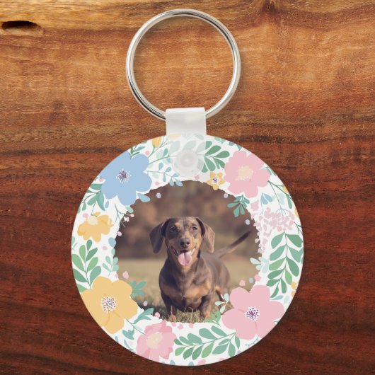 Pastel Pink Dachshund Name & Photo with Wreath Sleutelhanger (Achterkant)