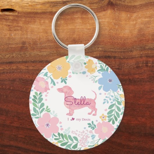 Pastel Pink Dachshund Name & Photo with Wreath Sleutelhanger (Voorkant)
