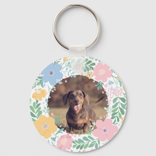 Pastel Pink Dachshund Name & Photo with Wreath Sleutelhanger (Achterkant)