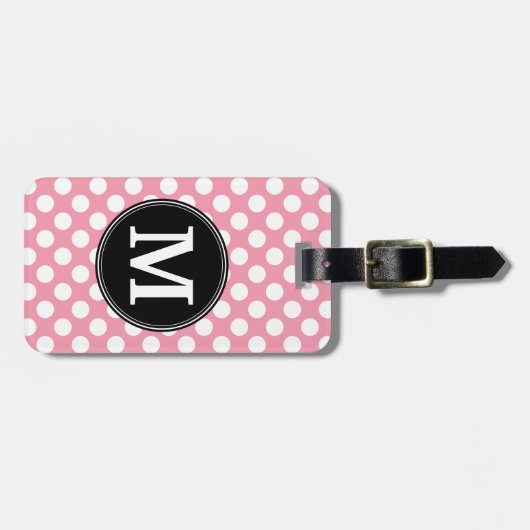 Pastel Pink en Black Polka Dots Aangepast monogram Bagagelabel (Voorkant horizontaal)