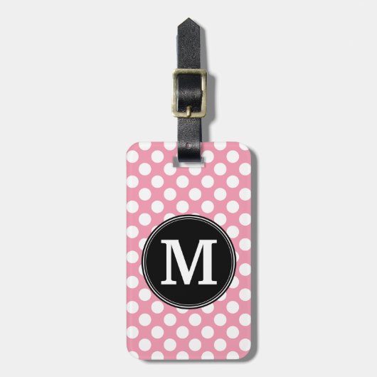 Pastel Pink en Black Polka Dots Aangepast monogram Bagagelabel (Voorkant verticaal)
