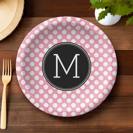 Pastel Pink en Black Polka Dots Aangepast monogram Papieren Bordje