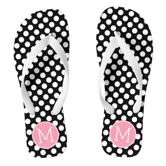Pastel Pink en Black Polka Dots Aangepast monogram Teenslippers (Voetbed)