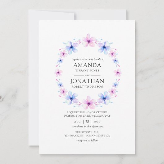 Pastel Pink en Blue Floral Wedding Kaart (Voorkant)