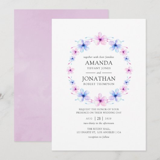Pastel Pink en Blue Floral Wedding Kaart (Voorkant / Achterkant)