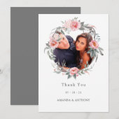 Pastel Pink en Gray Boho Floral Weddenfoto Bedankkaart (Voorkant / Achterkant)