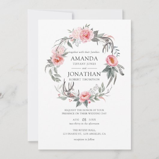 Pastel Pink en Gray Boho Floral Wedding Kaart (Voorkant)